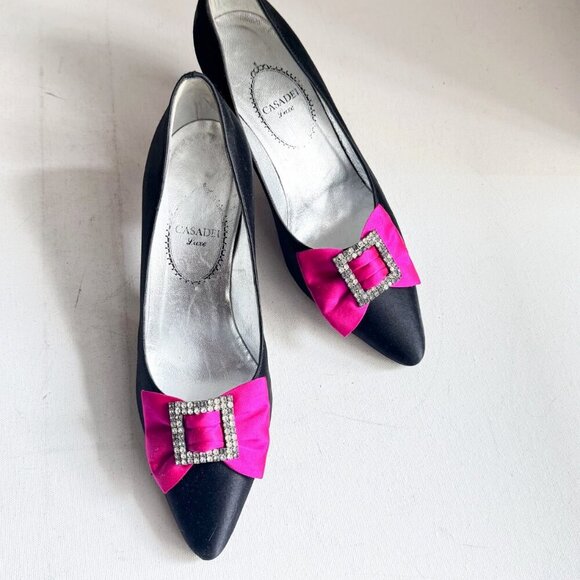 Casadei Luxe Vintage Satin Rhinestone Bow Black Pink Kitten Heels 6